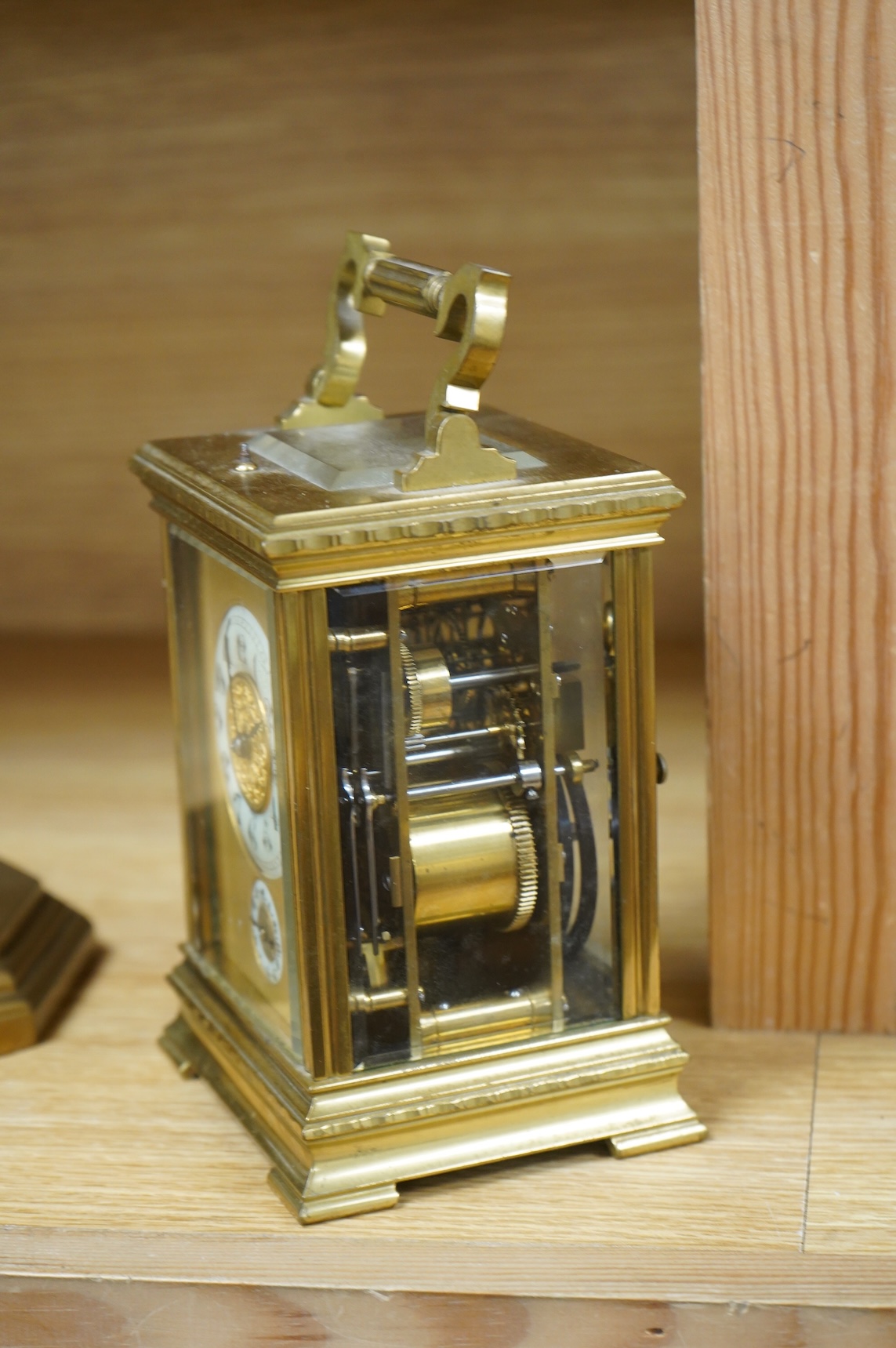 An early 20th century French brass cased carriage clock for the Italian market, with repeat, button missing, no key, 19cm high
